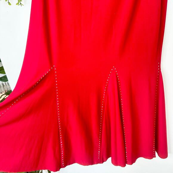 VTG 90s/Y2k Red Hot Chrome Rhinestone Studded Latin Mermaid Tango Midi Skirt 2XL - Picture 9 of 11